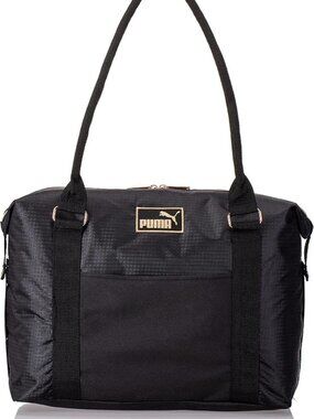 PUMA Tote Bag Core Base Large Gym Travel Carryall Black Gold Logo Lightweight
